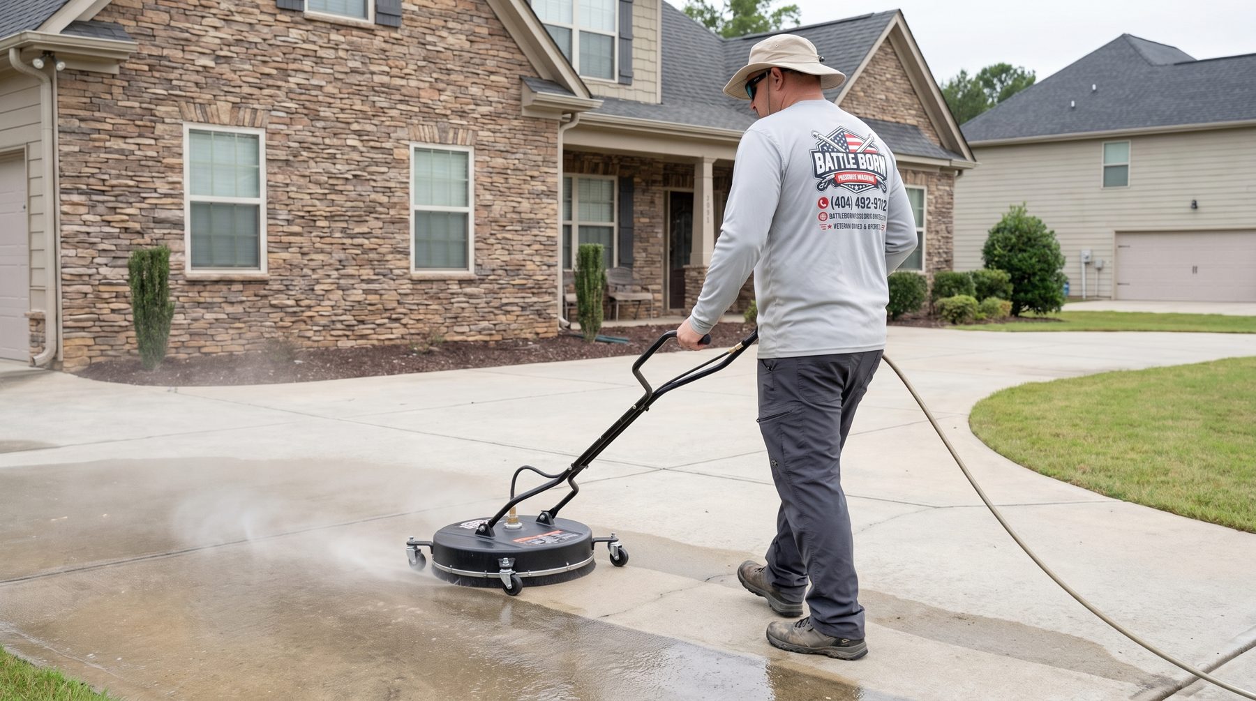 Battle Born Pressure Washing owner surface-cleaning a curved concrete driveway at a stacked-stone home in Bogart, GA