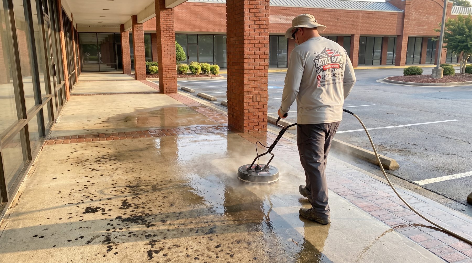 Battle Born Pressure Washing owner surface-cleaning a gum-spotted storefront sidewalk under the covered walkway of a Snellville, GA strip mall, one clean wet band beside the grimy concrete
