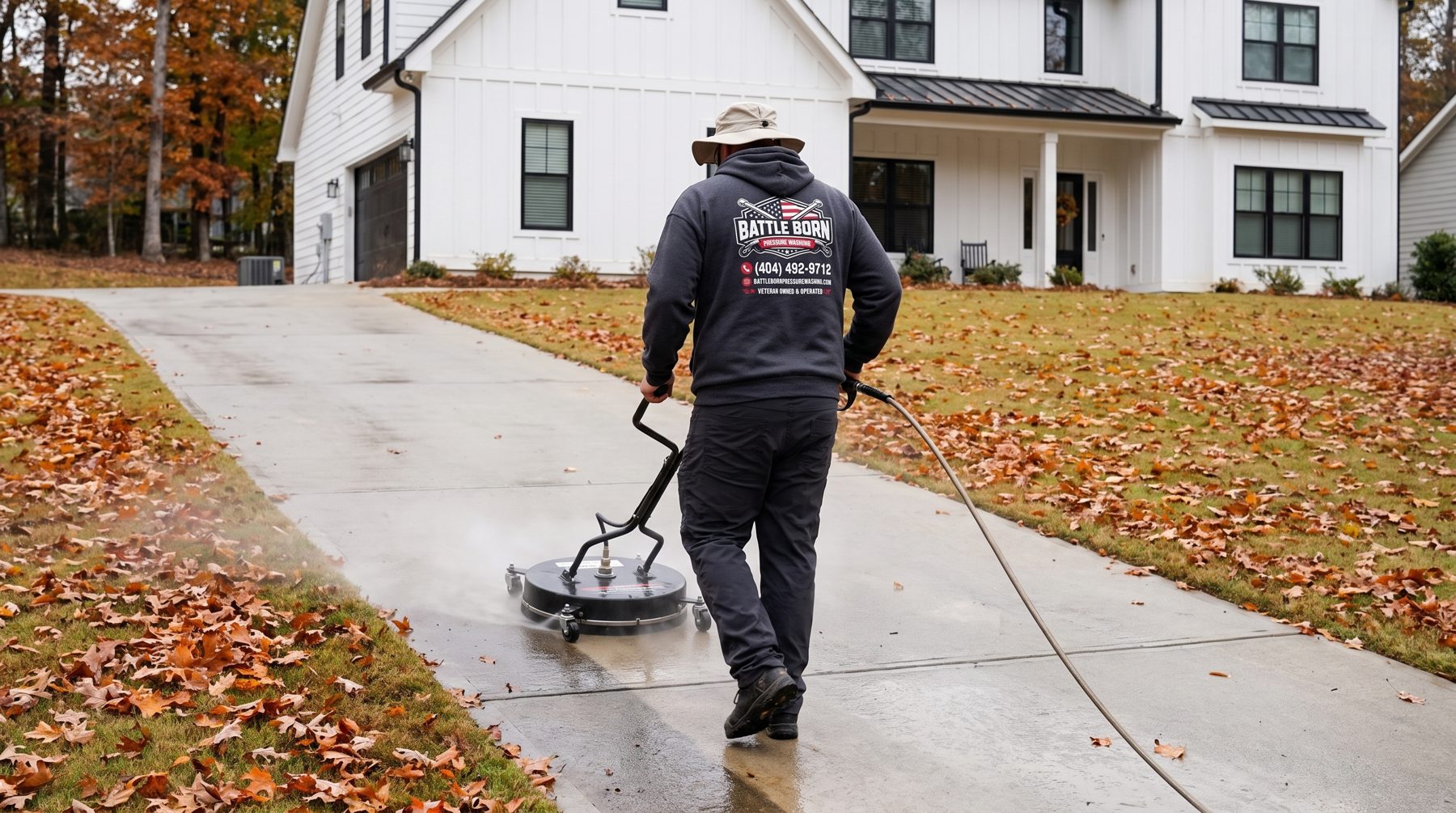 Battle Born Pressure Washing owner running an 18-inch surface cleaner down a concrete driveway in fall, leaves on the lawn, wet clean stripe behind the cleaner