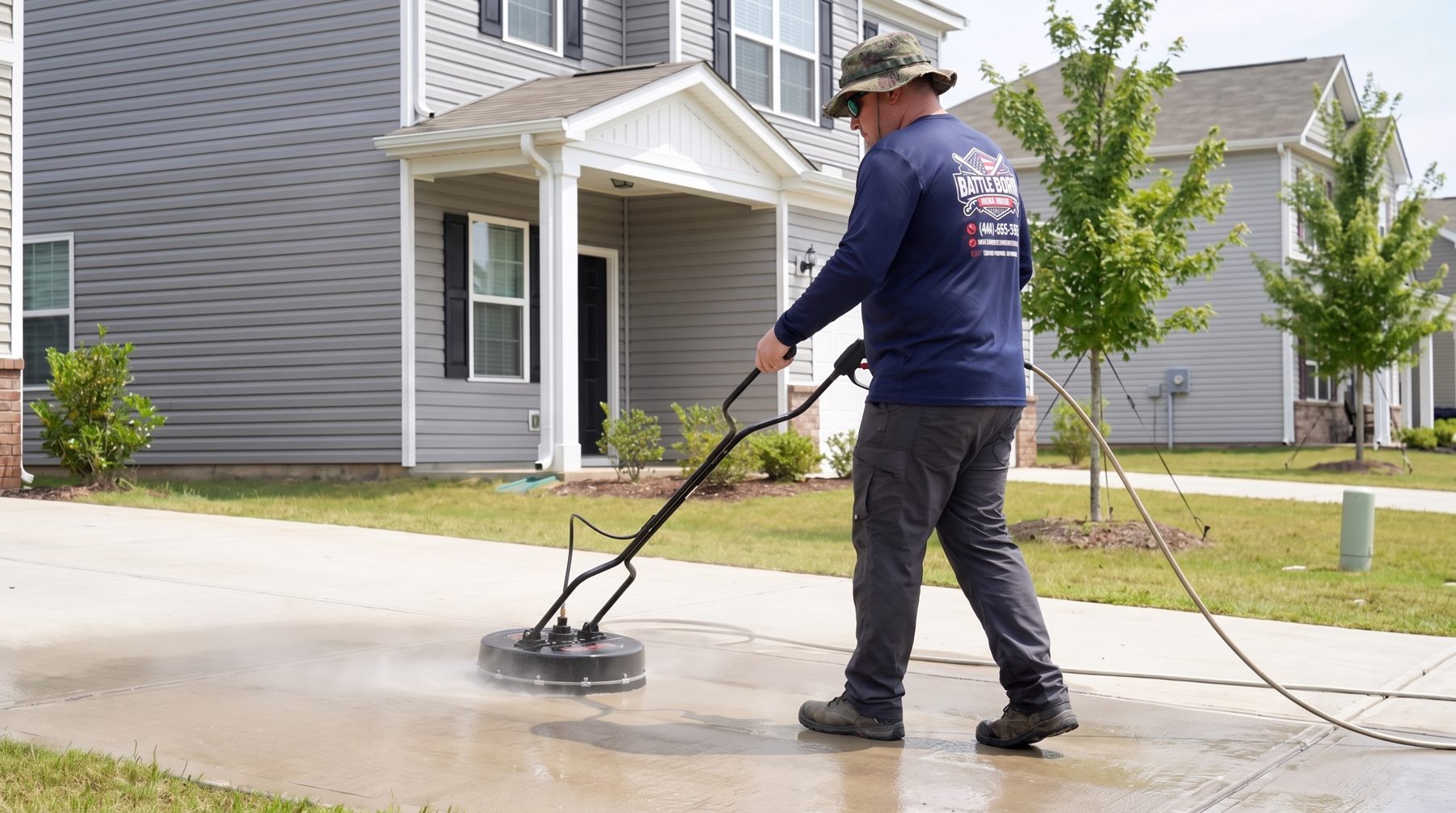 Battle Born Pressure Washing owner surface-cleaning a concrete driveway at a home in Grayson, GA