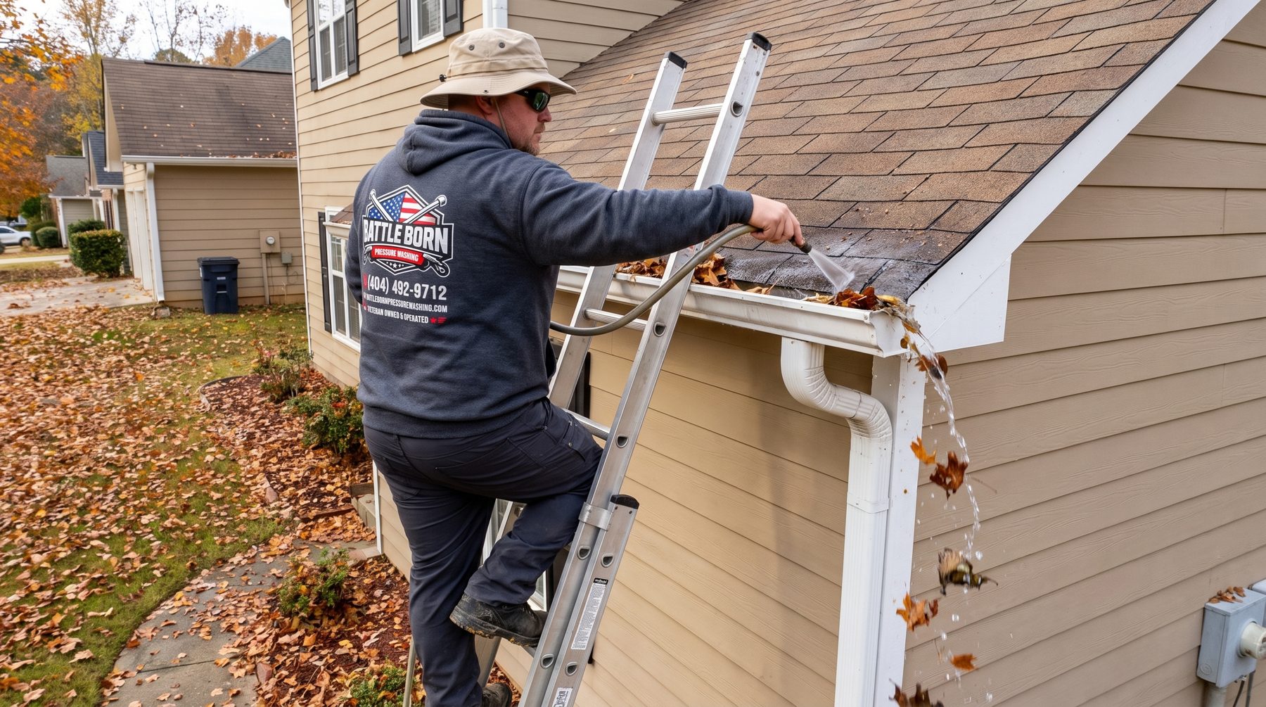 Owner on an extension ladder clearing leaves from the gutters of a two-story home in fall