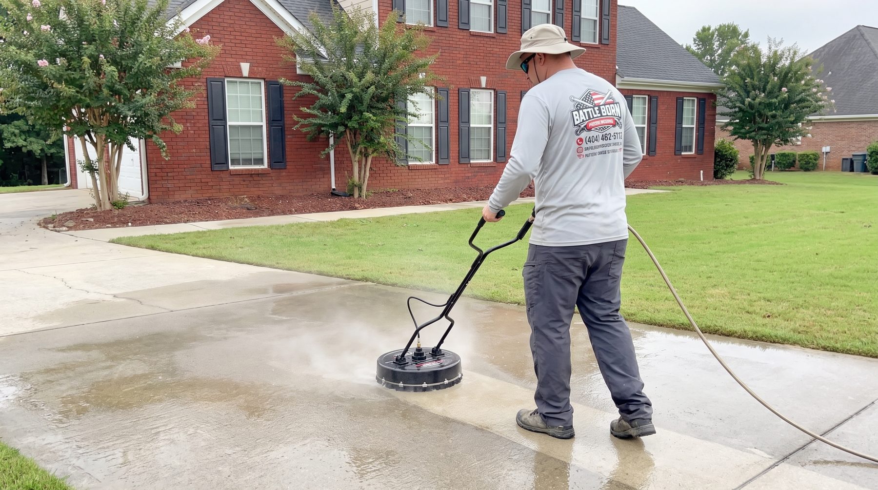 Battle Born Pressure Washing owner running an 18-inch surface cleaner across a concrete driveway in front of a brick home in Loganville, GA