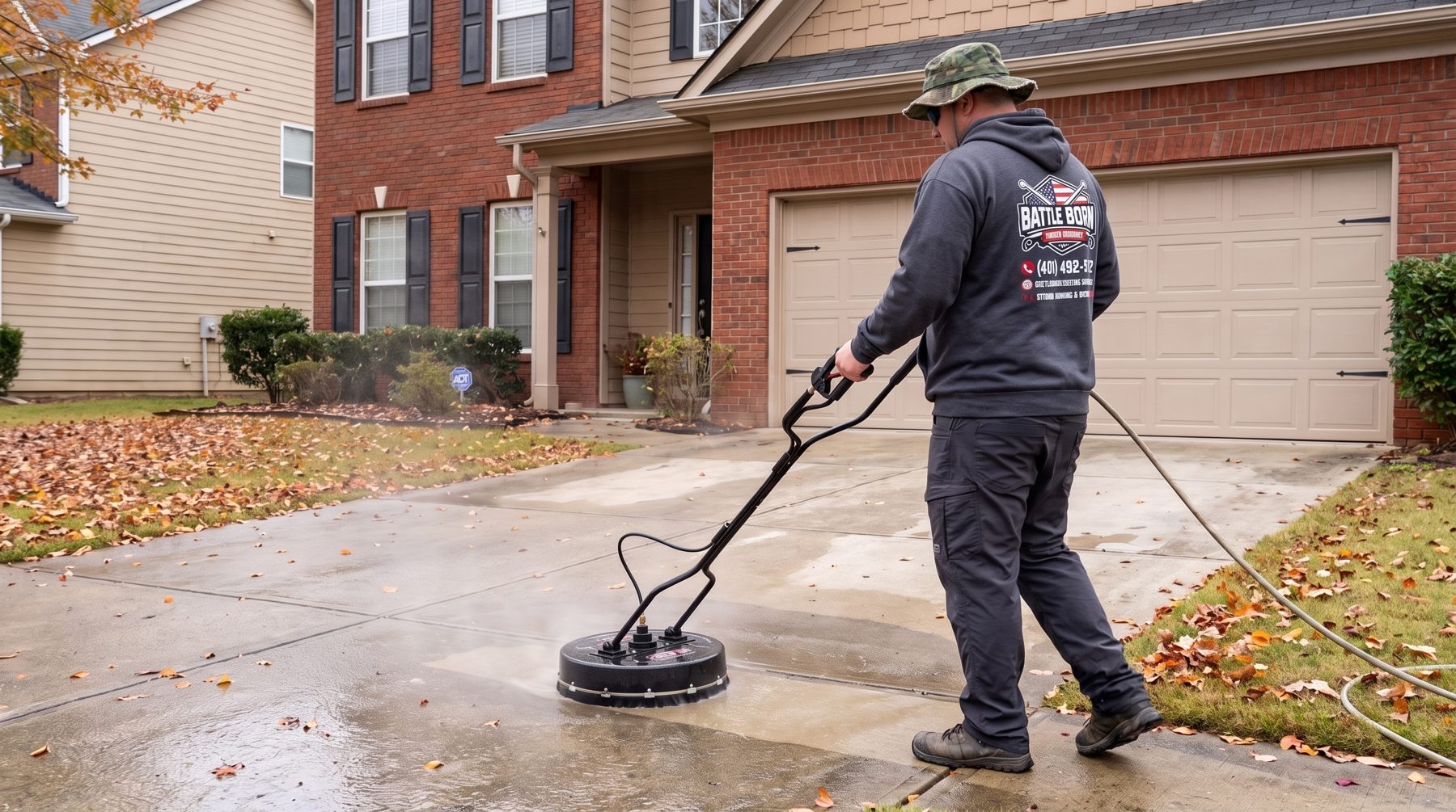 Battle Born Pressure Washing owner surface-cleaning a concrete driveway at a home in Lawrenceville, GA