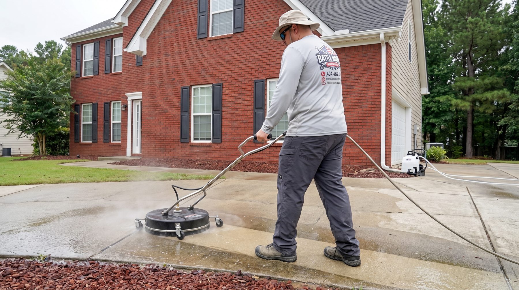 Battle Born Pressure Washing owner surface-cleaning a concrete driveway at a home in Loganville, GA