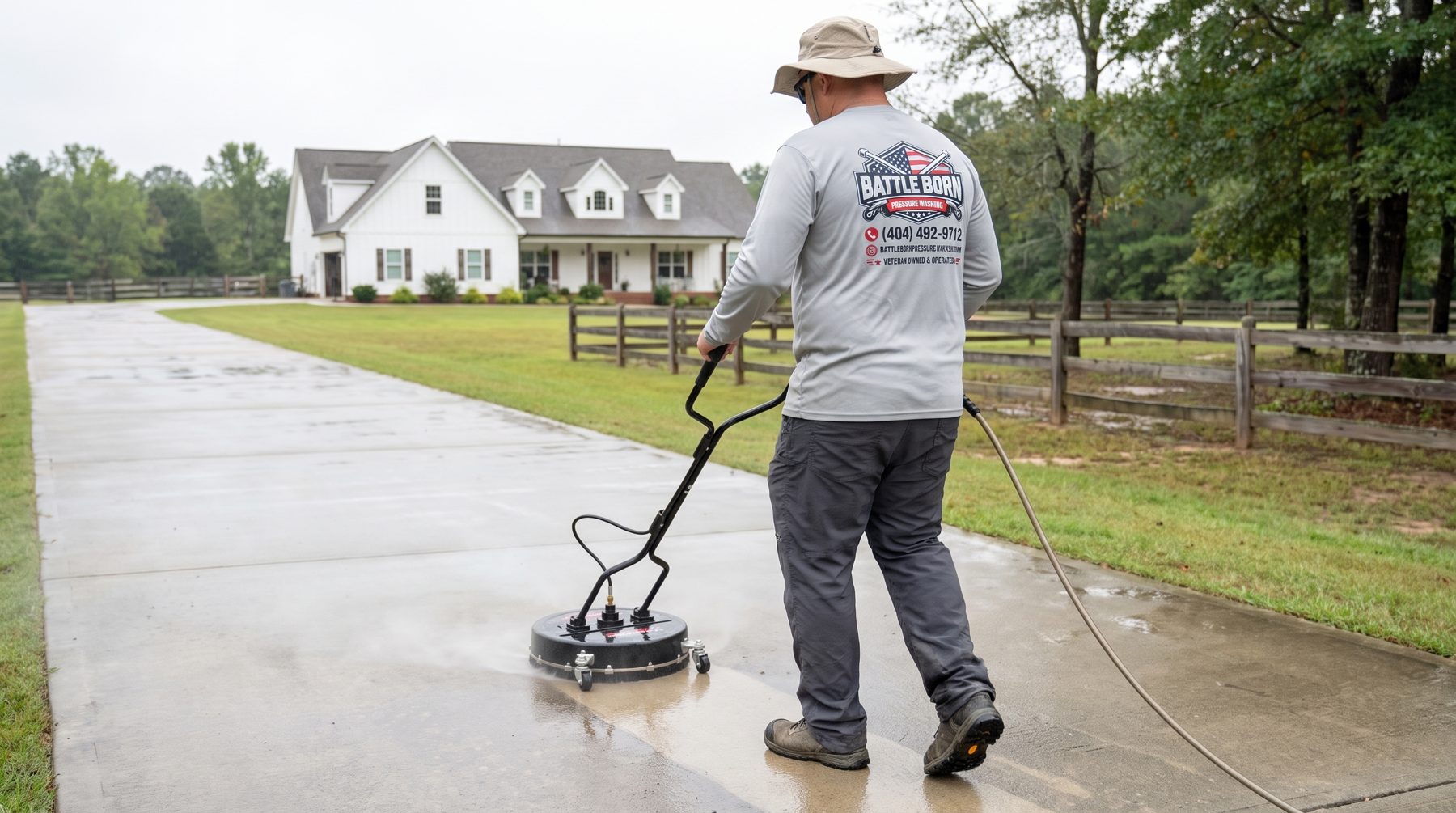 Battle Born Pressure Washing owner surface-cleaning a concrete driveway at a home in Monroe, GA
