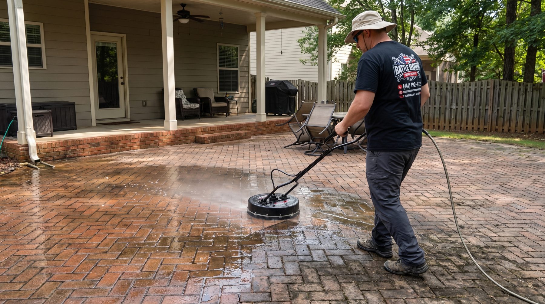 Surface cleaner lifting mildew off a herringbone brick paver patio behind a covered porch, cleaned pavers wet and bright beside the still-dirty half