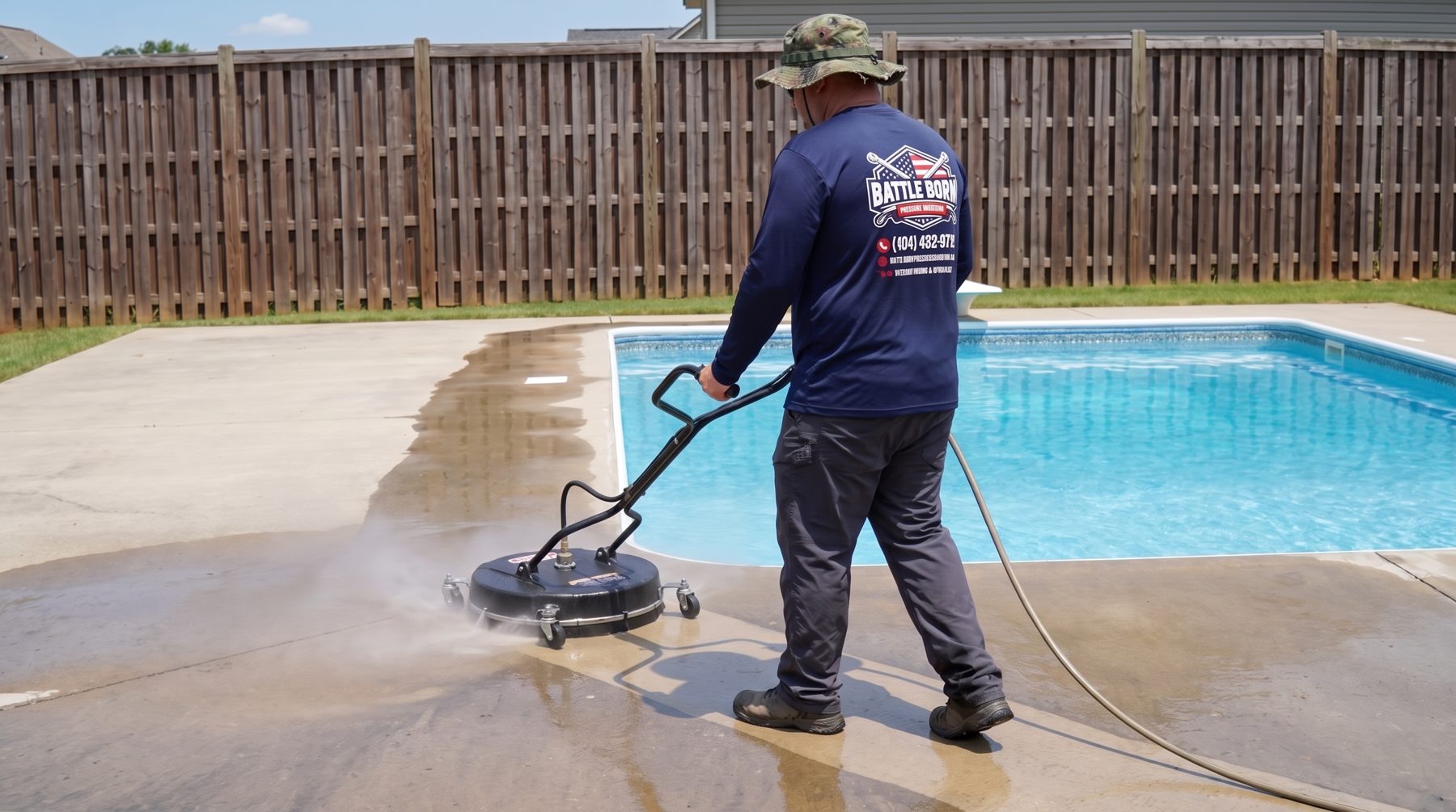 Surface cleaner cleaning a concrete pool deck beside an in-ground pool, privacy fence behind