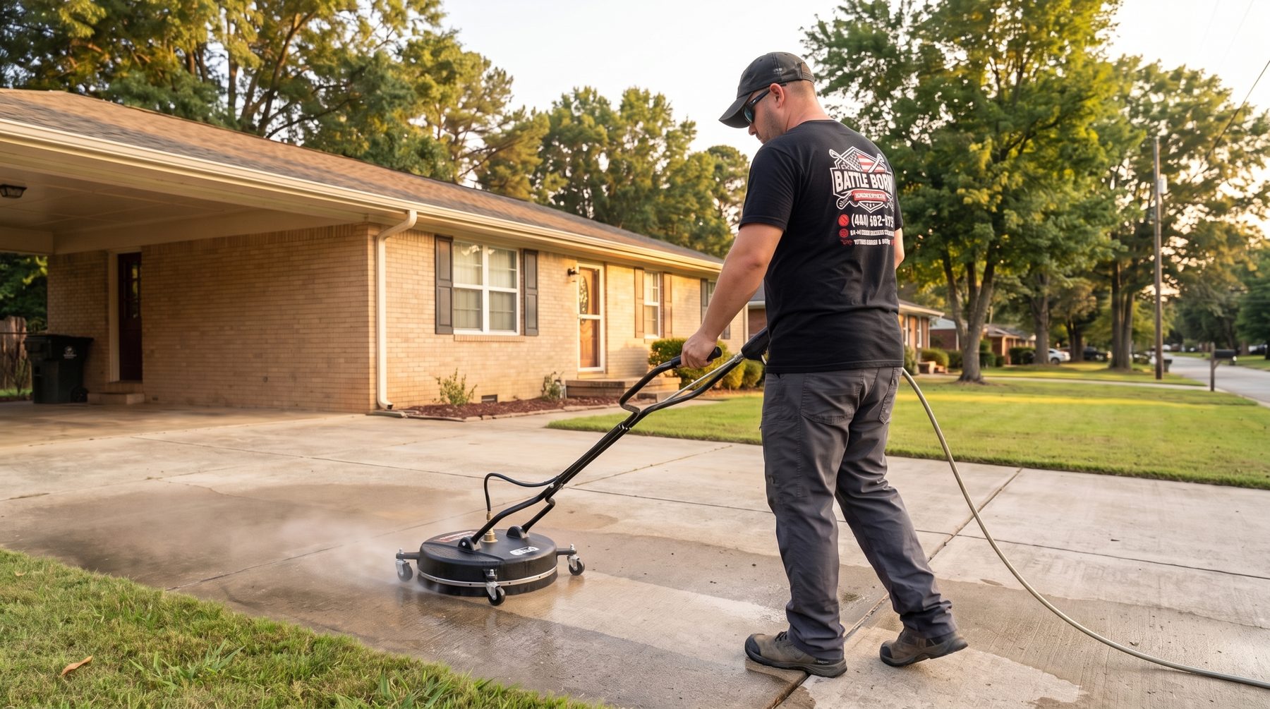 Battle Born Pressure Washing owner surface-cleaning a concrete driveway at a home in Snellville, GA