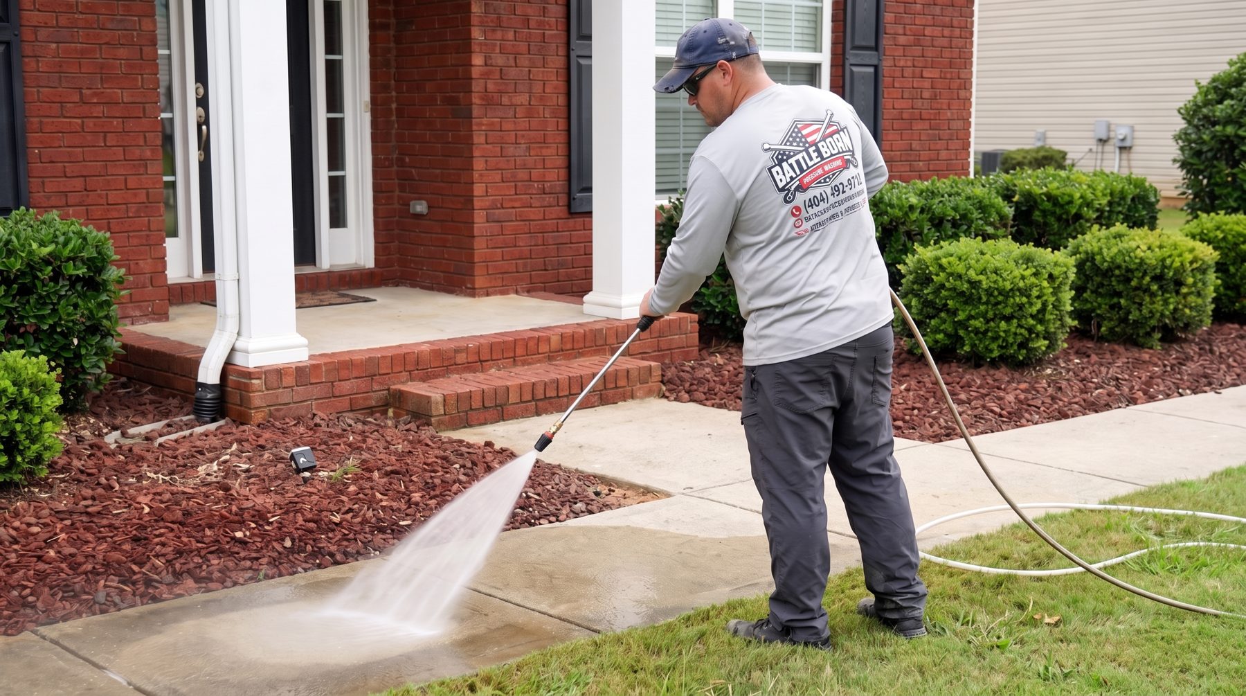 Pressure washing a concrete front walkway that curves to a brick porch with white columns, spray fan hitting the concrete