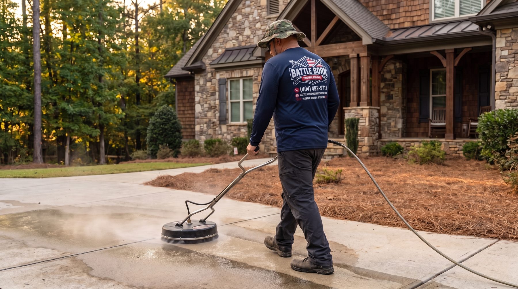 Battle Born Pressure Washing owner surface-cleaning a concrete driveway at a home in Watkinsville, GA