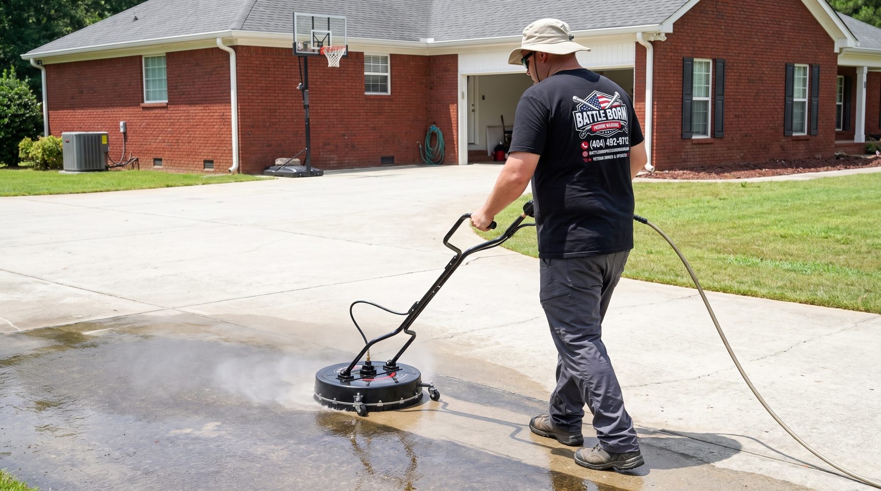 Battle Born Pressure Washing owner surface-cleaning a concrete driveway at a home in Winder, GA